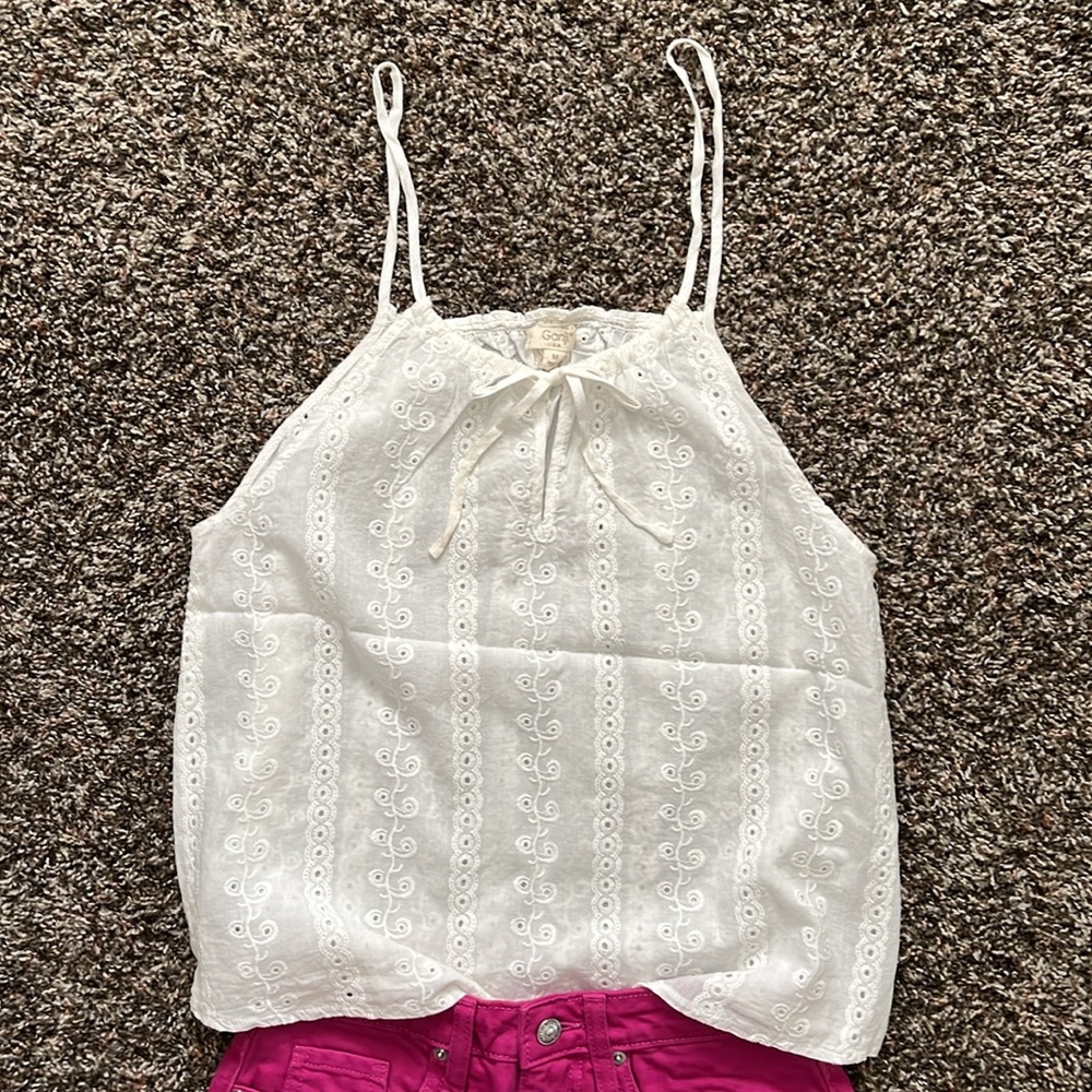 Ganji White Bohemian Lace Halter Style Tank Top, Size Medium, w/ Bow, Sheer - Picture 2 of 11